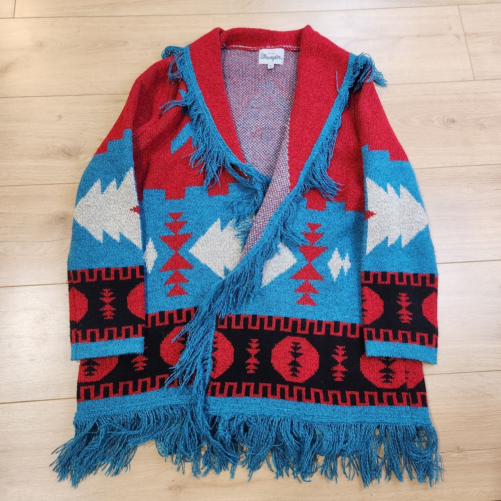 Wrangler Sweater Womens XL Multicolor Aztec Fringe Belted Cardigan Western Knit